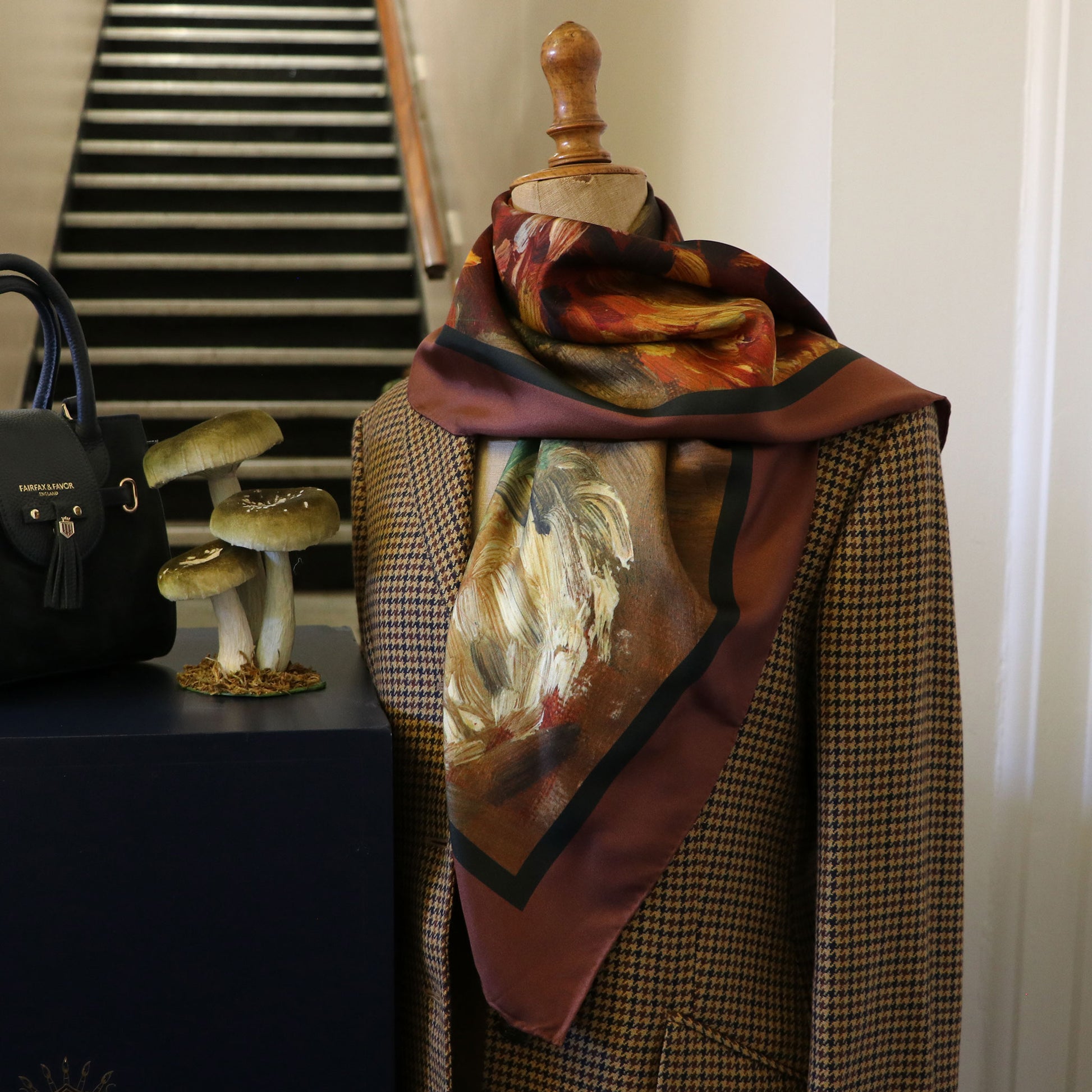 Mannequin wearing Blooms of Autumn Silk Scarf draped around neck, with tweed jacket | Silk Scarf | Wentworth of Yorkshire