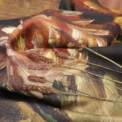 Close up of Blooms of Autumn silk scarf  with foliage.