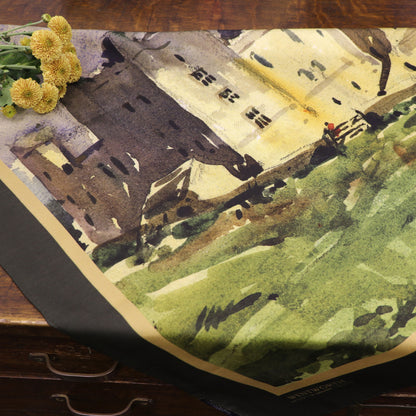 By the Castle Gate silk scarf laid on table with flowers | Silk Scarf | Wentworth of Yorkshire