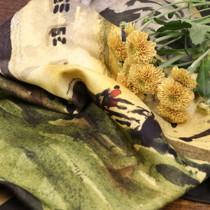 Close up of By the Castle Gate silk scarf on table with flowers | Silk Scarf | Wentworth of Yorkshire
