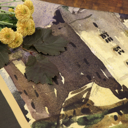 Close up of By the Castle Gate silk scarf shown with flowers and foliage | Silk Scarf | Wentworth of Yorkshire