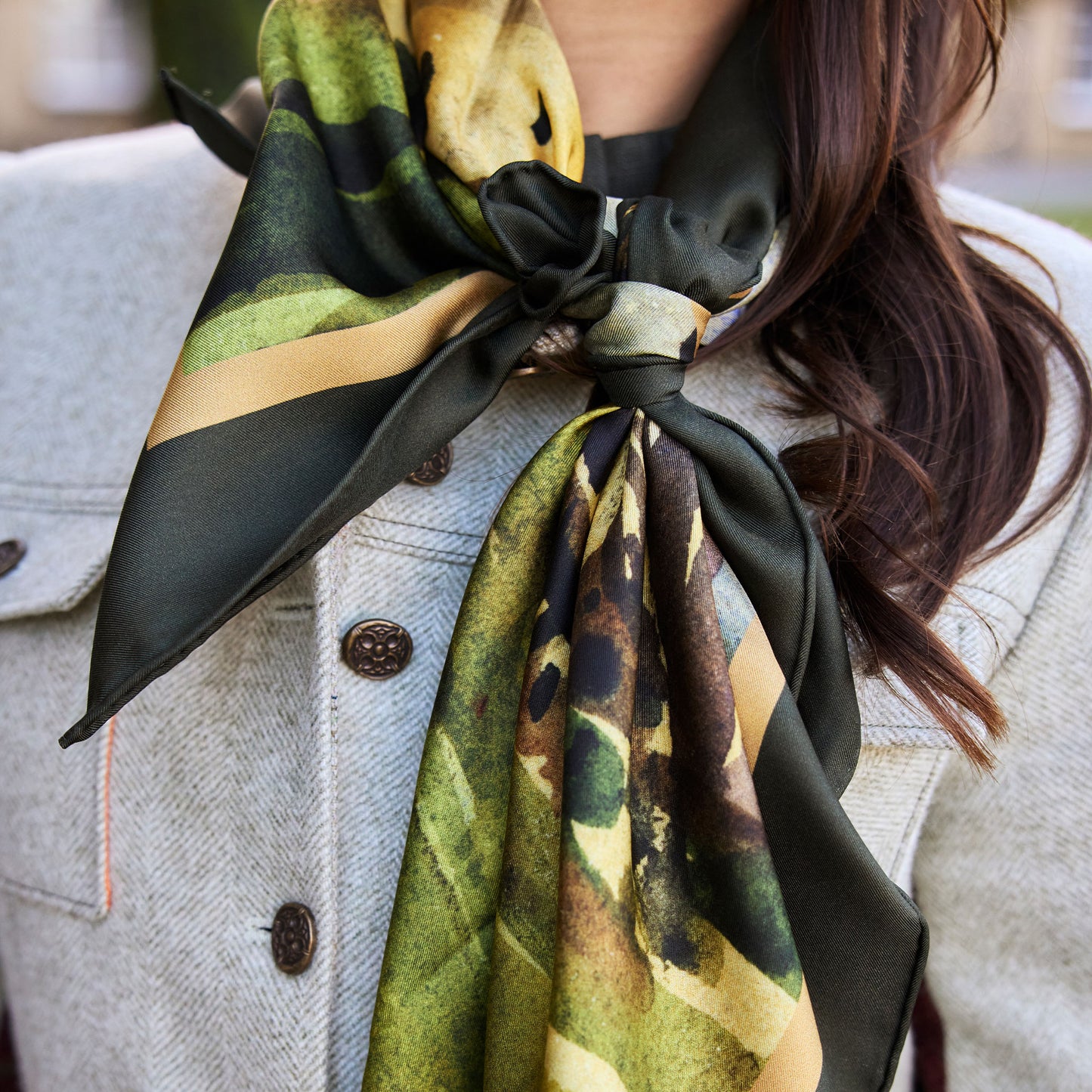 Close up of By the Castle Gate silk scarf worn round lady's neck with tweed jacket | Silk Scarf | Wentworth of Yorkshire
