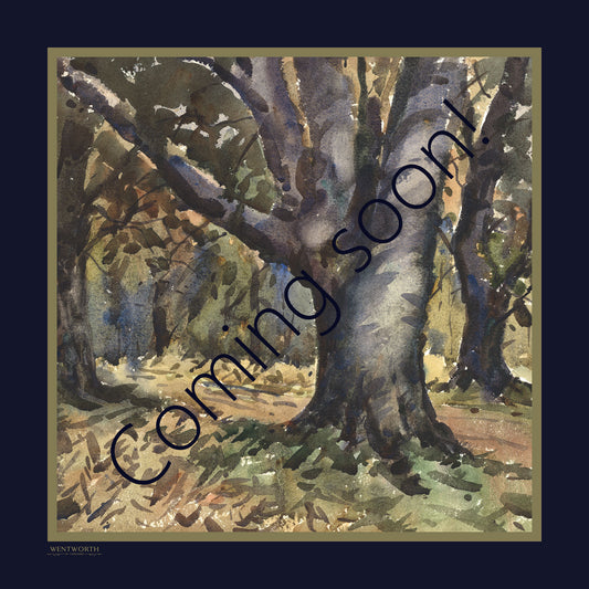 'Autumn-tinged Woodland' Silk Scarf; Midnight & Moss 650x650mm