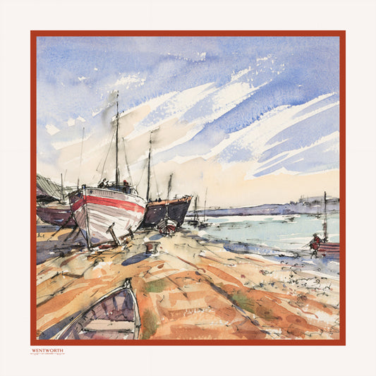 'Down by the Boatyard' Silk Scarf: Oyster & Burnt Sienna, 900x900mm