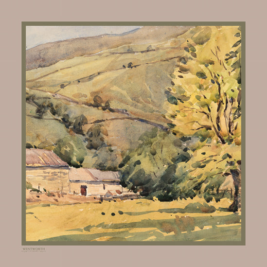 'Farmstead in the Hills' Silk Scarf; Almond & Weathered Olive, 900x900mm