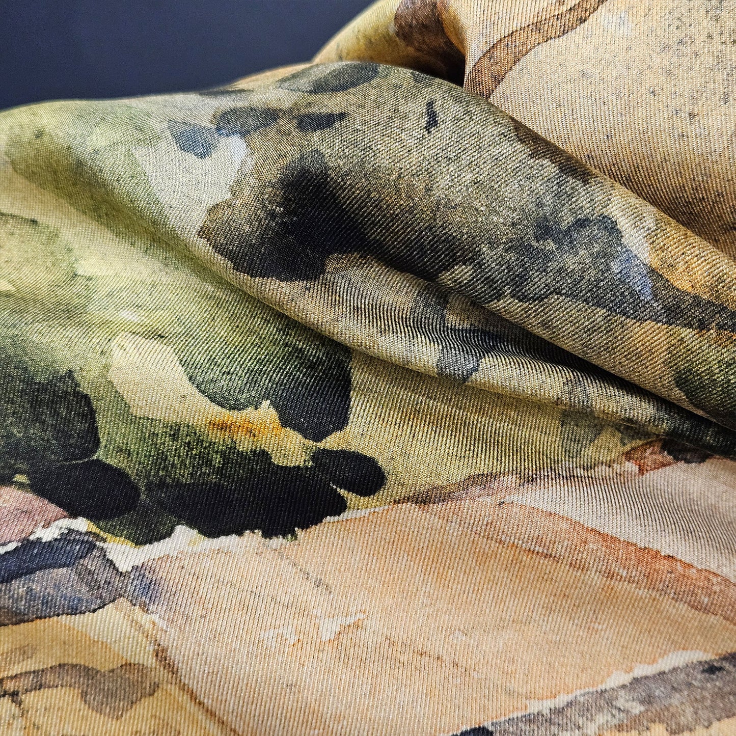 'Farmstead in the Hills' Silk Scarf; Almond & Weathered Olive, 900x900mm