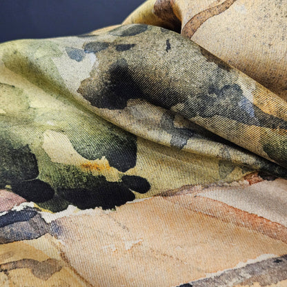 'Farmstead in the Hills' Silk Scarf; Almond & Weathered Olive, 900x900mm