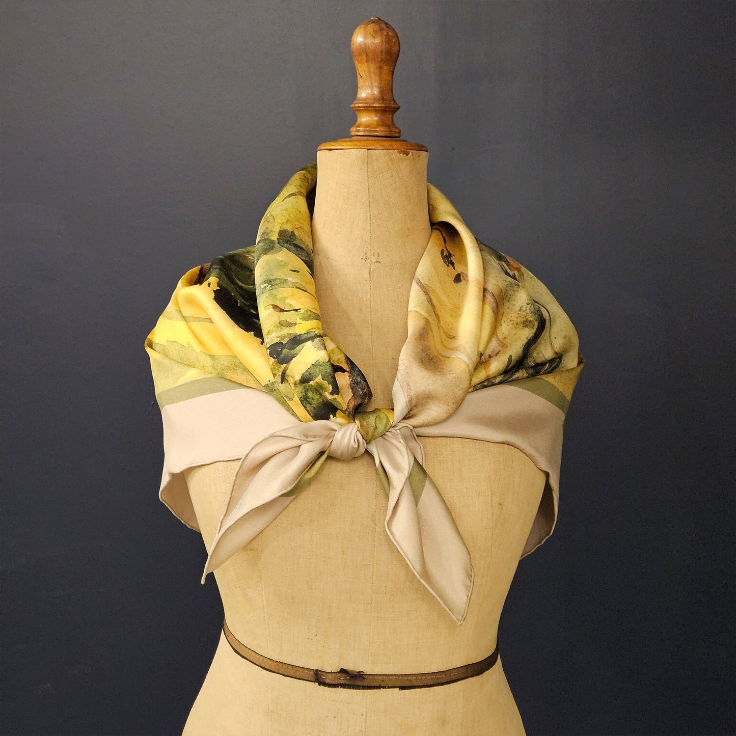'Farmstead in the Hills' Silk Scarf; Almond & Weathered Olive, 900x900mm