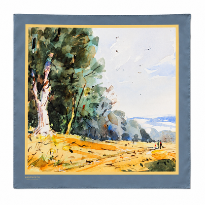 'An Afternoon Stroll' Silk Scarf; Ocean Deep & Cobbled Honey, 650x650mm