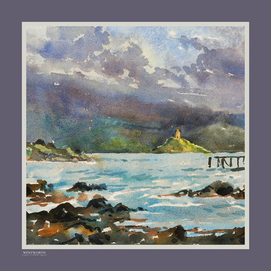 'Solas an Caol' Silk Scarf; Smoky Thistle & Spring Rain, 900x900mm